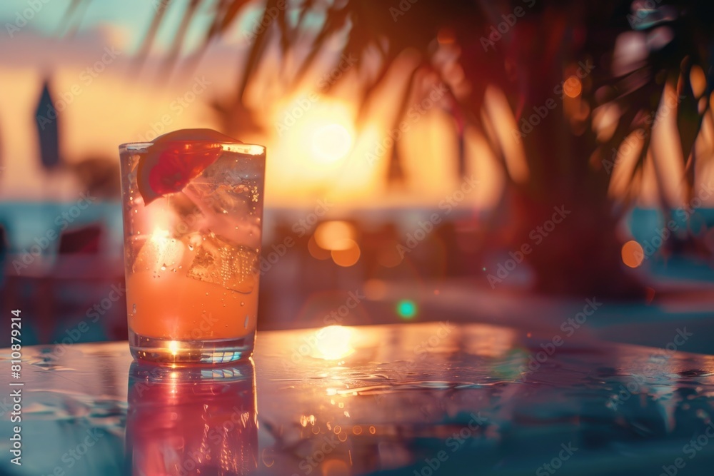 Poster a glass of a drink with a slice of orange in it sits on a table. the sun is setting in the backgroun