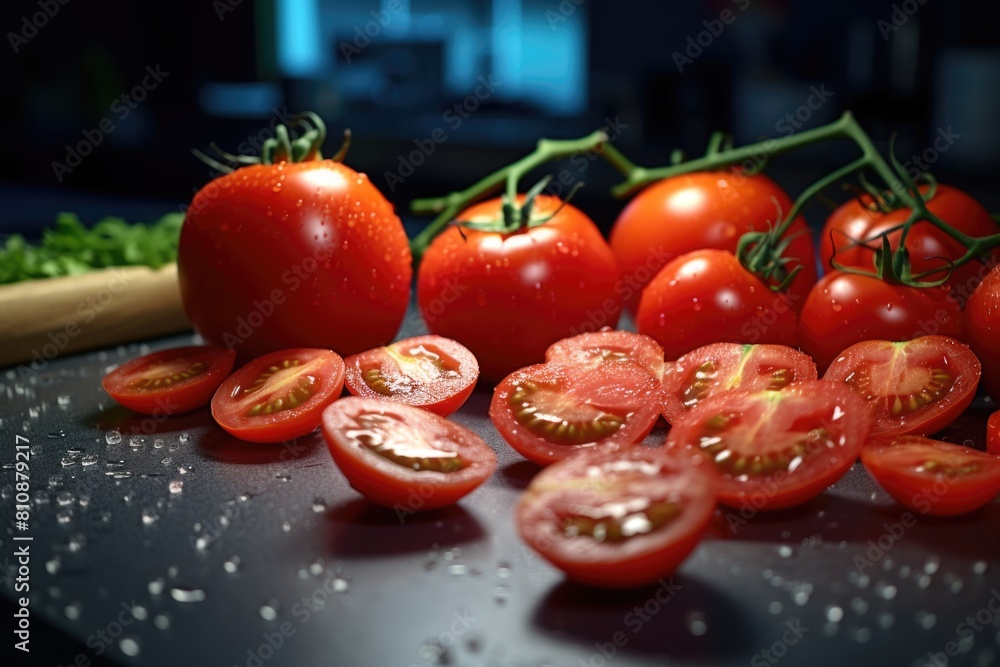 Poster a close up of a tomato with a few slices missing. concept of freshness and abundance, as the tomato 