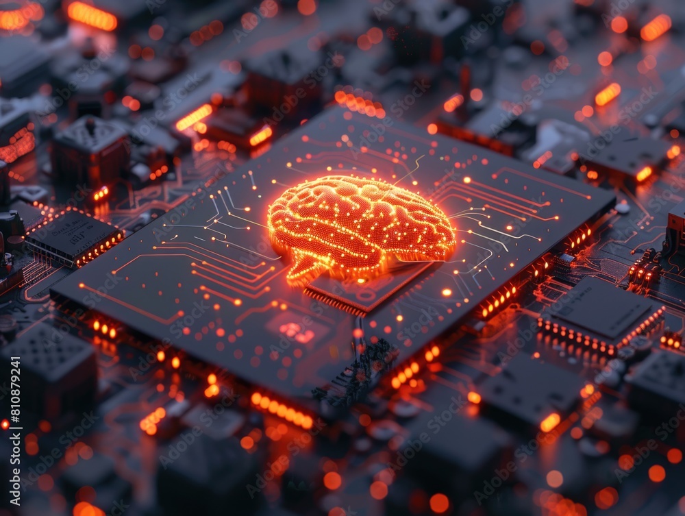 Poster a computer chip with a brain on it. the brain is glowing orange. concept of technology and the human