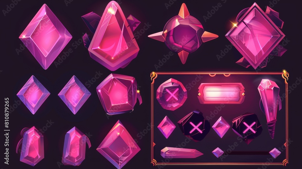 Poster user interface design template with pink diamond buttons. includes check marks, cross-marks, shaped 