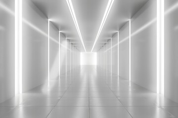 A long, empty hallway with white walls and white flooring. The hallway is illuminated by a series of lights, creating a bright and sterile atmosphere