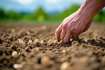 A hand is planting seeds in the dirt. The seeds are small and scattered across the ground. Concept of growth and new beginnings, as the seeds are being planted to grow into plants