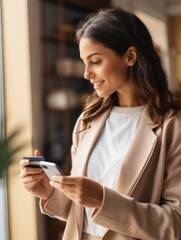 Fototapeta premium A woman is smiling while holding a credit card and looking at her phone. She seems to be checking her bank account or making a purchase