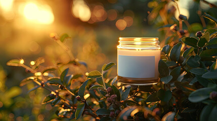 a candle with white blank tag empty space for text , candle with mockup paper , green nature blur effect background 