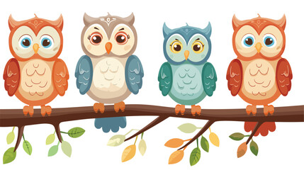 Cute owl birds Four. Funny owlets feathered animals style