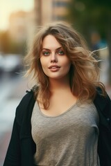 Naklejka premium A woman with long brown hair and a gray shirt is standing on a street. She has a smile on her face and is looking directly at the camera