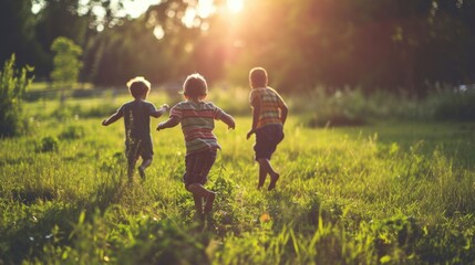 Three children are running in a grassy field. The sun is shining brightly, casting a warm glow on the scene. The children are laughing and enjoying their time together, creating a joyful