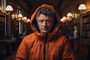 Obraz premium Portrait of a content man in his 50s wearing a windproof softshell while standing against classic library interior