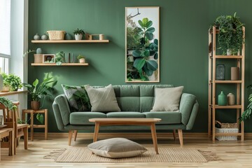 cozy wooden and green living room shelves and poster interior decor