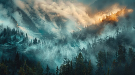 Foggy mountains landscape Smoky rocky panorama with mountain and trees forest , scenery illustration art 