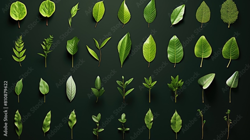 Poster a collection of green leaves are displayed on a dark background. the leaves vary in size and shape, 