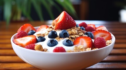 A bowl of fruit with blueberries, strawberries, and granola. The bowl is white and is placed on a wooden table