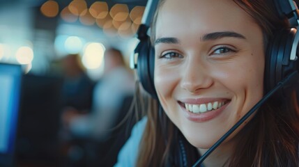 A woman wearing headphones and smiling