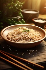 A bowl of noodles with a green garnish on top. The bowl is on a wooden table with chopsticks next to it