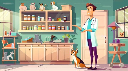 Doctor in a veterinarian clinic surrounded by animals and a cartoon illustration of him giving medical attention to a dog and cat. The veterinarian is offering the pets a vaccination, health checkup,