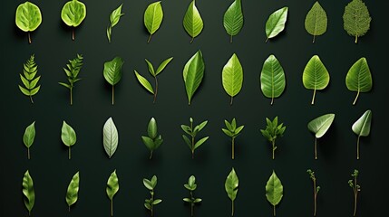 A collection of green leaves are displayed on a dark background. The leaves vary in size and shape, creating a sense of depth and dimension