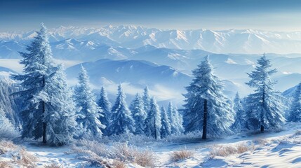 A snowy mountain range with a few trees in the foreground. The trees are covered in snow and the sky is clear and blue. The scene is peaceful and serene