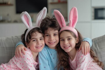 Three young girls are wearing bunny ears and are hugging each other. They are all smiling and seem to be enjoying each other's company