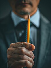 A man is holding a pencil in his hand. Concept of professionalism and seriousness, as the man is dressed in a suit and tie. The pencil, being a symbol of education and work