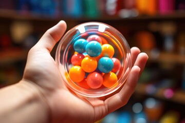 A hand holding a bowl of colorful candies. The candies are in different colors and sizes, and the bowl is clear. Concept of fun and playfulness