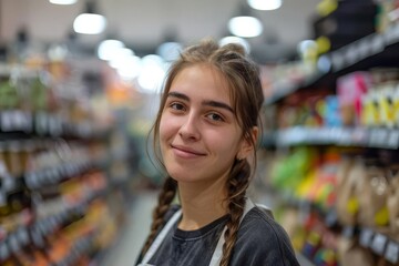 friendly smiling young female supermarket worker looking directly at the camera portrait photo