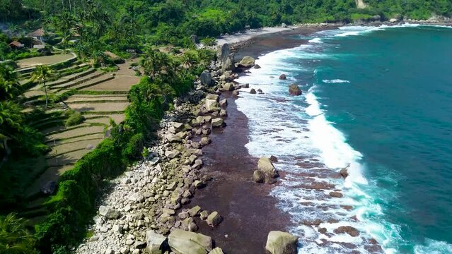 Aerial view of Pangasan beach in Pacitan, East Java, Indonesia