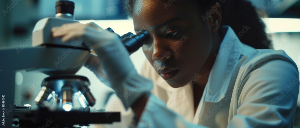 Aufkleber the picture shows a beautiful black scientist using the microscope to analyze a test sample. he is a