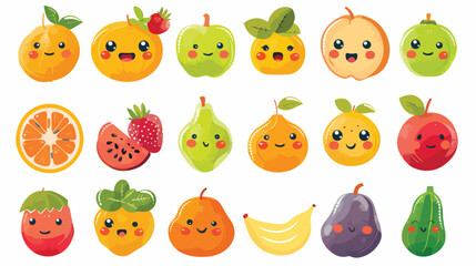 Cute smiling fruits and vegetables. Set of Emoji frui