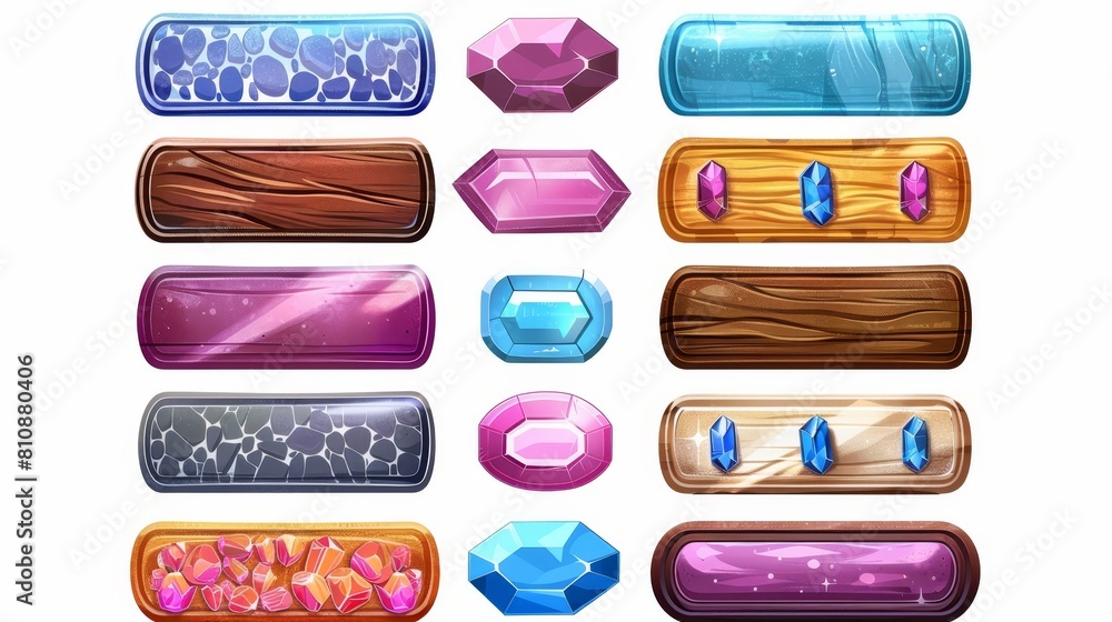 Poster isolated 2d modern set of textured ui elements with pink crystal gem user panel for app interfaces, 
