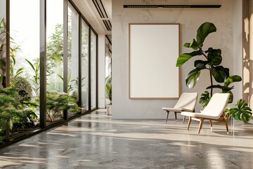 A mockup of an empty white poster in the waiting area of a modern hospital, with a simple and minimalistic interior design featuring a concrete floor and wooden details