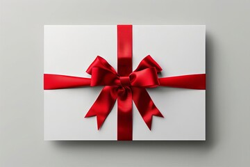 minimalistic white gift card with a red ribbon bow isolated on a grey background with subtle shadows digital illustration