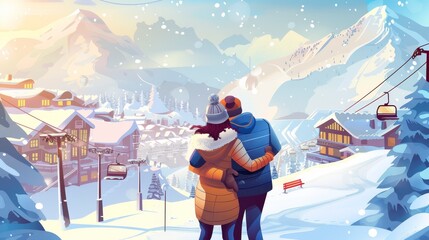 A couple in winter clothes hugging on a snowy hill with mountains, cottages and funiculars behind, people relaxing, outdoor activities, Cartoon modern illustration. - obrazy, fototapety, plakaty