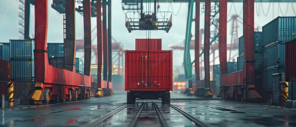 Aufkleber using a large red steel shipping cargo container in a shipyard terminal. driver operating the handli