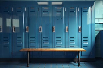 orderly row of blue metal storage lockers with a wooden bench some doors open and others closed in a locker room setting digital illustration