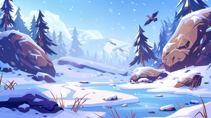 The ice is covering the surface of a frozen pond or lake. Winter landscape with fir trees, rocks, and gulls in a blue sky. Water is covered in slippery ice. Cartoon modern illustration.