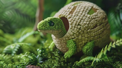 Fototapeta premium A cute green turtle made of stone sits on a bed of moss.