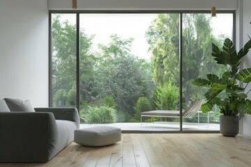 serene minimalist loft interior with garden view 3d rendering