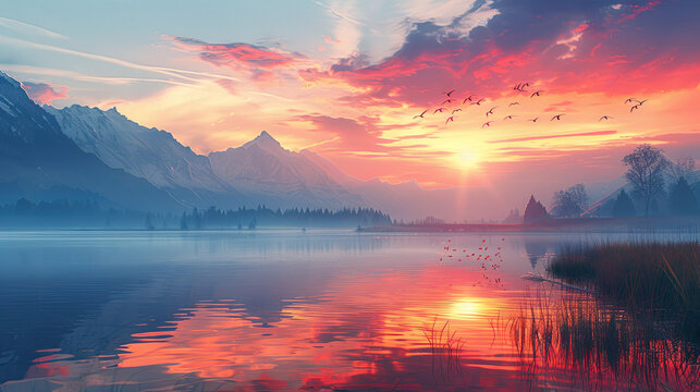 Fantastic evening panorama landscape with fog and forest. sunrise and sunset in mountains lake Abstract art wallpaper for prints, Art Decoration, wall