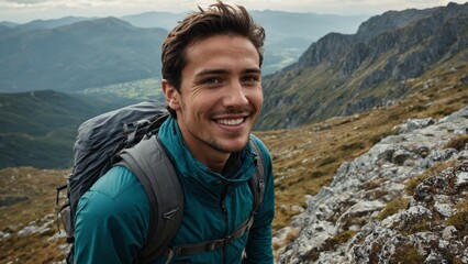 A smiling man on top of a mountain