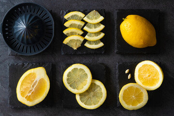 Vista superior de limones frescos y maduros. Fondo de alimentos saludables. Elegante diseño de...