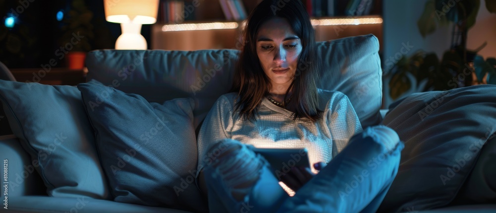 Poster an authentic latina female sits on an oversized couch in a dark living room in the evening while usi
