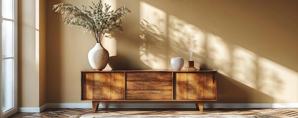 Minimalist interior of a living room with a brown wooden sideboard, beige wall and elegant personal accessories in the style of home decor