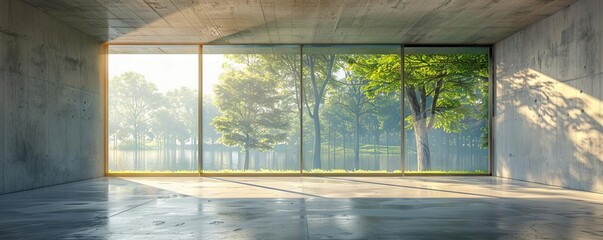 A modern concrete room, characterized by large windows, offers a panoramic view of the lush park outside