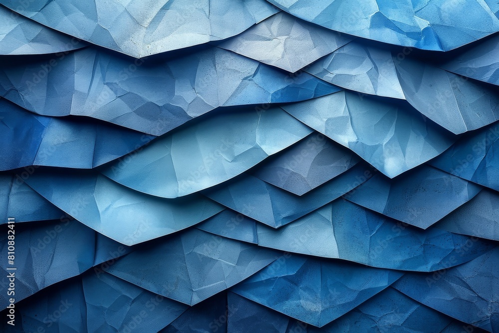 Poster the image features layered blue paper textures with a wave pattern, mimicking an abstract ocean scen