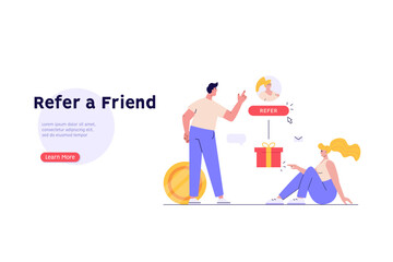 Concept of referral program, refer a friend service, sharing bonus with friends. People in loyalty marketing program earning gifts and money. Vector illustration in flat design for web banner, UI