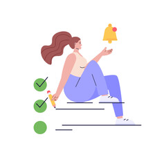 Woman choosing check mark. Concept of checklist, task done, success, right decision. Best choice hand gesture. Sign of request approved. Vector illustration in flat design for banner, UI