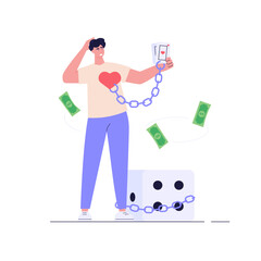 Concept of problem gambling, ludomania, behavioral addictions. Man addicted by betting suffering gambling addiction with playing dices. Vector illustration in flat design for web banner, UI