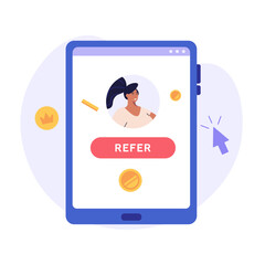 Concept of referral program, refer a friend service, sharing bonus with friends. People in loyalty marketing program earning gifts and money. Vector illustration in flat design for web banner, UI