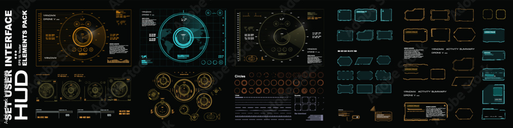Poster big collection of different hud ui elements. futuristic set of complex design elements. radars, fram