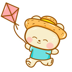 Handdrawn illustration Cute kawaii yellow teddy bear summertime beach summer travel vacation clipart greeting card party invitation